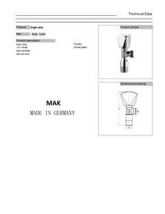 Angle Valve Brass Long 540 Germany MAK محبس زاوية نحاس طويل 540 الماني ماك